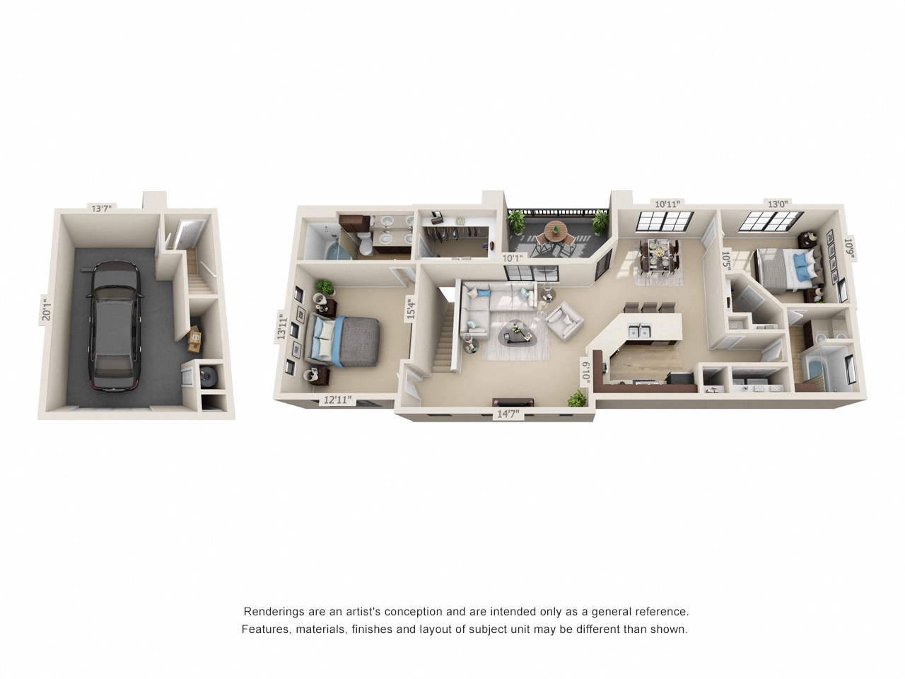 Floor plan for 2 beds, 2 baths, 1237 sqft